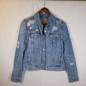 Levi's Blue Denim Trucker Jacket with White Embroidery Size Medium